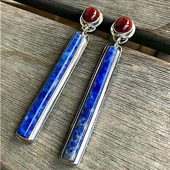 Handmade Silver Red Agate Lapis Lazuli Vintage Boho Long Vertical Earrings - Picture 3 of 5